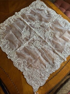 Hand Crafted White Embroidered Lace Table Overlay